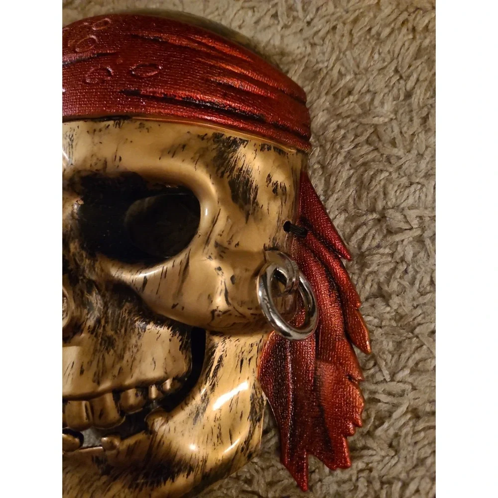 Caribbean Pirate Skull Halloween Mask Costume Accessory Red Bandana Gold Plastic